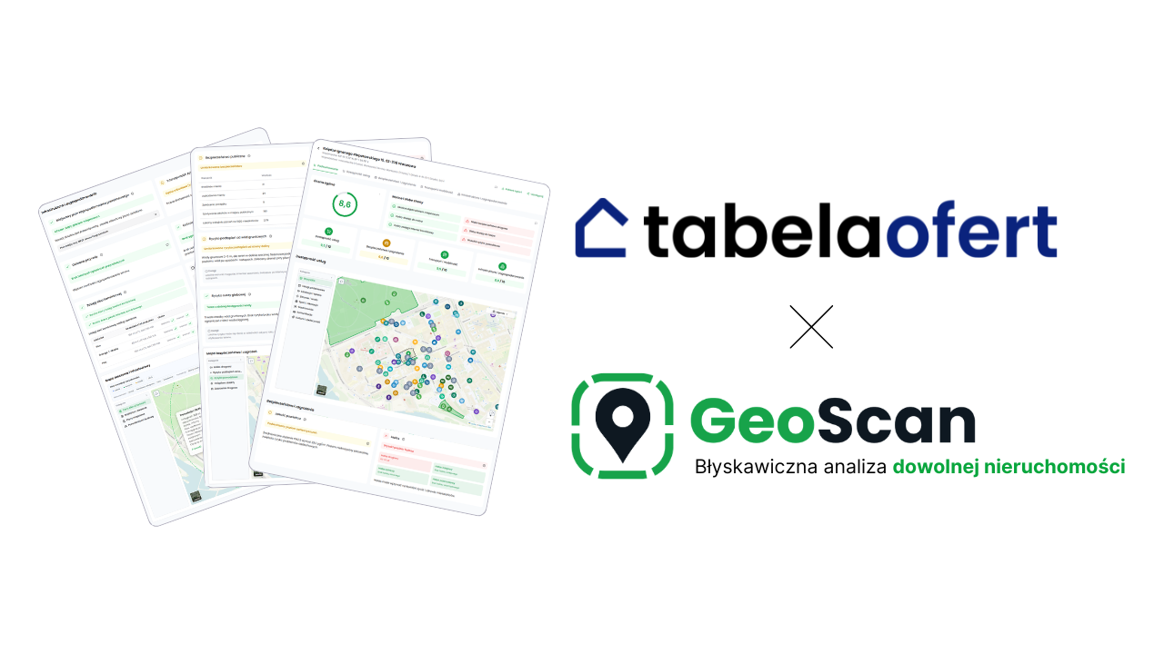 Logotypy platformy TabelaOfert i systemu GeoScan obok przykładowego raportu analizy nieruchomości, pokazującego mapy przestrzenne i ocenę lokalizacj