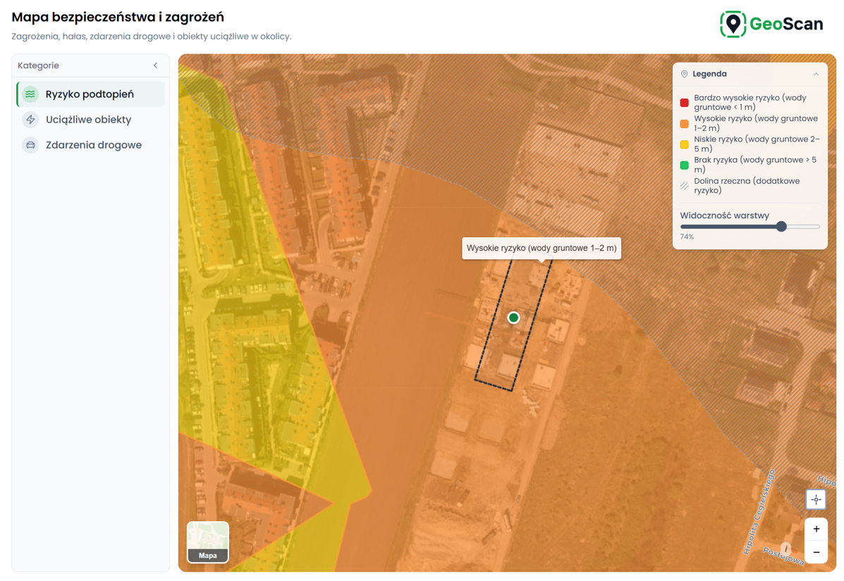 Mapa GeoScan zagrożenia podtopieniami oraz poziomu wód gruntowych dla inwestycji Murapol we Wrocławiu